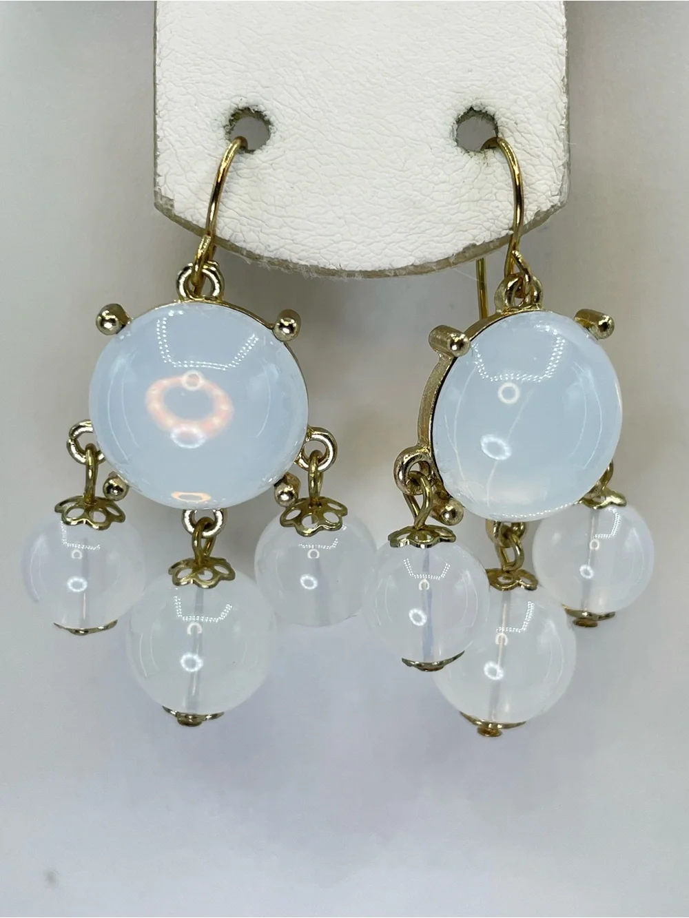Gold Tone White Acrylic Beaded Chandelier Dangle Drop Earrings